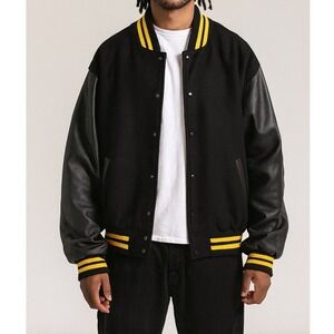 Varsity Jacket Wool Blend Leather Sleeves Bomber Black Gold‎ Sz L Rennoc Vtg NEW